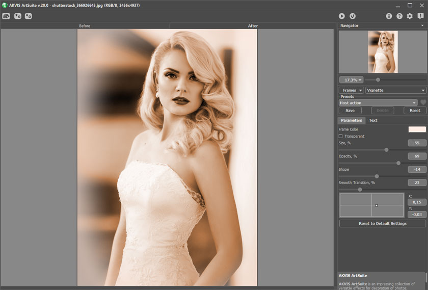 AKVIS ArtSuite Plugin's Workspace: Vignette Frame