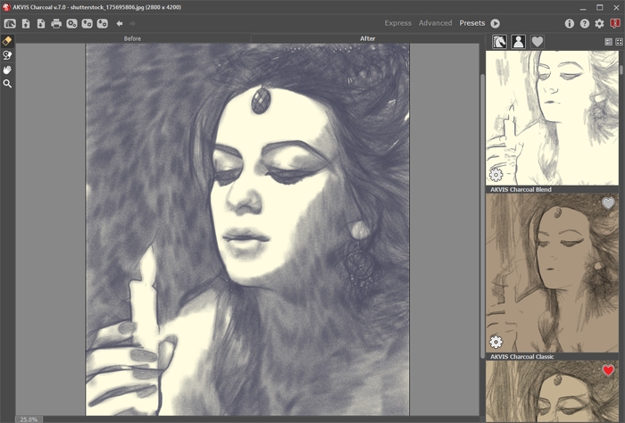 Arbeitsbereich von AKVIS Charcoal (Presets-Modus)