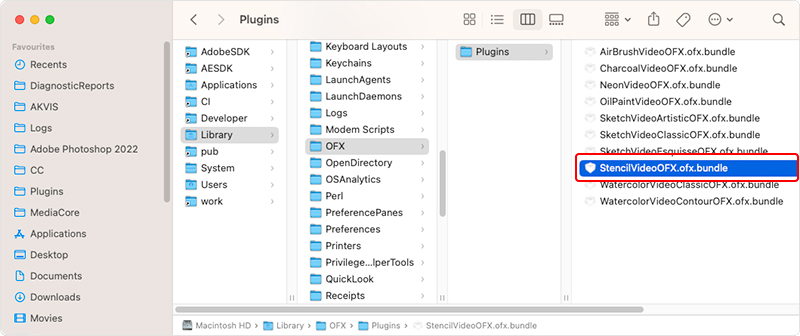 Трафарет для видео на Mac, папка для OpenFX плагинов