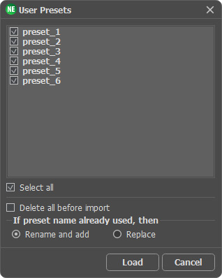 Presets für Import auswählen