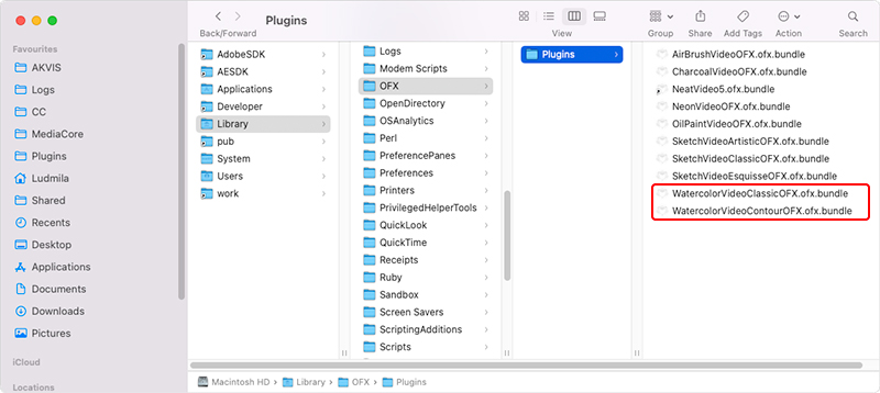 Акварель для видео на Mac, папка для OpenFX плагинов