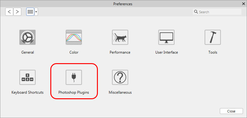 Plugins de Photoshop en Preferencias