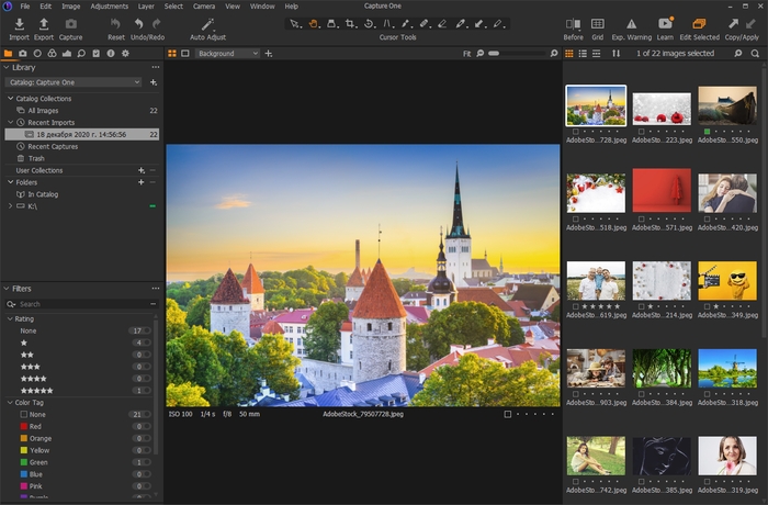 Окно программы Capture One с загруженными изображениями