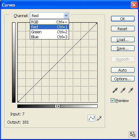 Switch between color channels in Curves