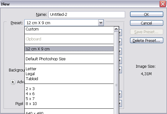 New Document Presets list