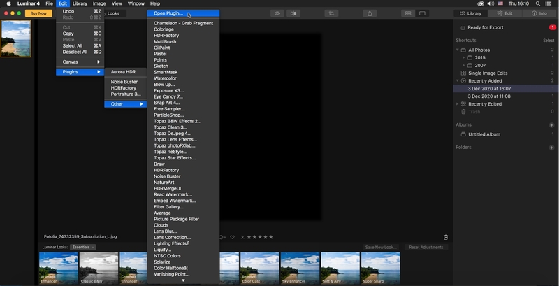 Auswählen des Befehls 'Plugin öffnen' im Luminar-Editor